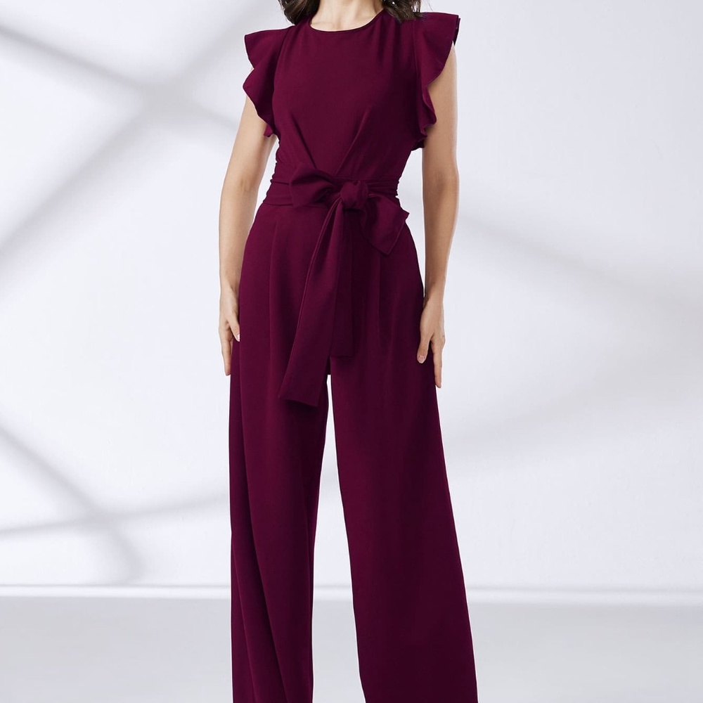 Ruffle Trim Belted Wide Leg Jumpsuit